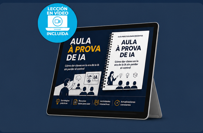 Guia Aula à Prova de IA exibido em tablet com videoaula incluída
